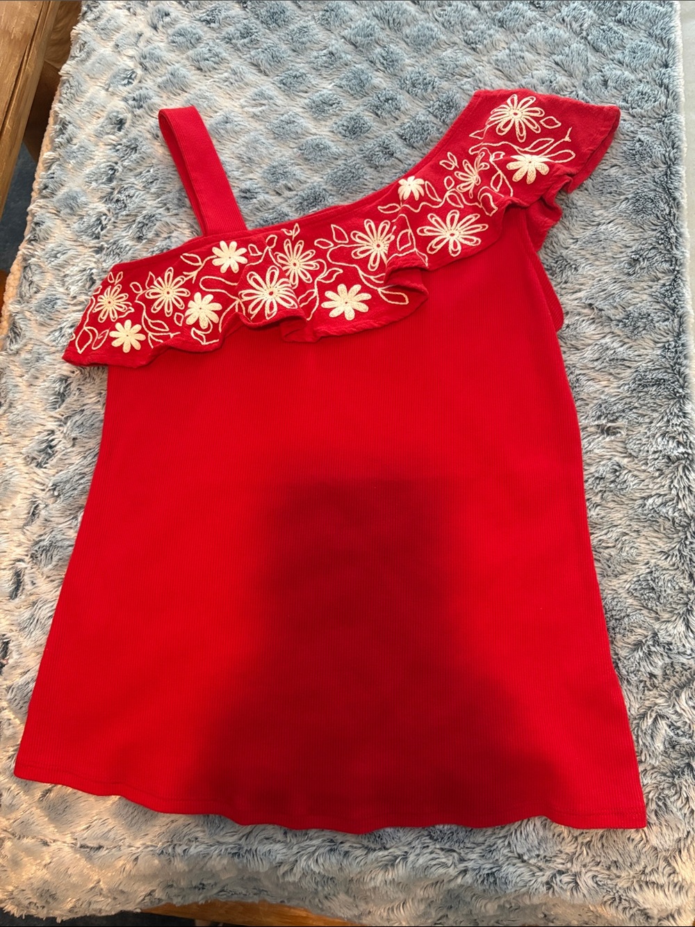 Cato Red One-Shoulder Ruffle Tank with White Floral Embroidery